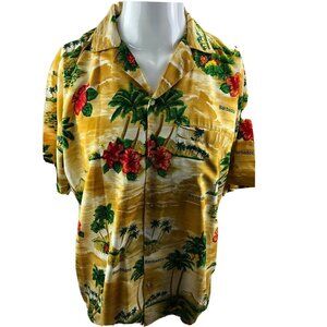 Barbados Men Hawaiian Shirt Large L Camp Lounge Button Up Tropical Palm Trees
